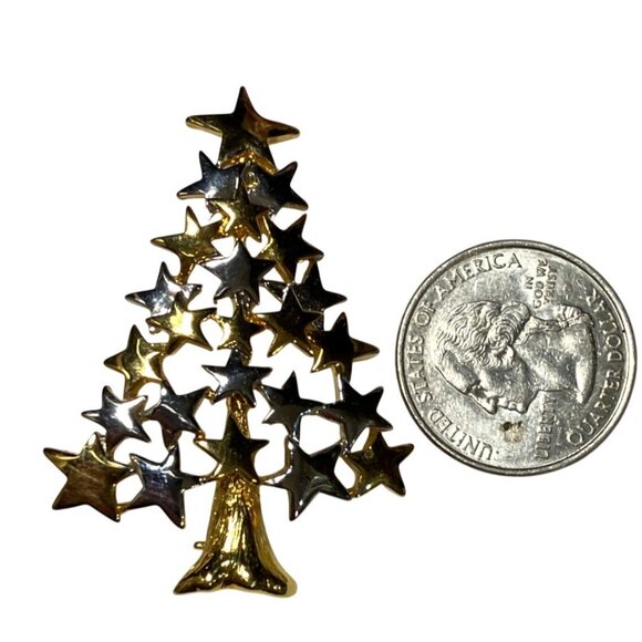 Christmas Tree Brooch Pin with Gold and Silver Stars - Picture 5 of 7